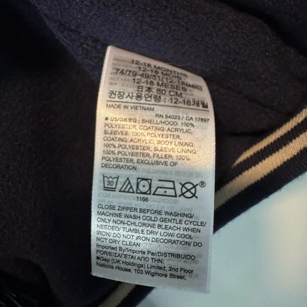 Baby GAP Navy and Cream Puffer Jacket Boys 12-18 Months EUC
